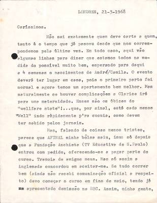 Carta de Vladimir Herzog para Tamás Szmrecsányi, 21 mar. 1968